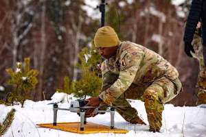 U.S. Soldiers prepare for an familiarization flight using a Bumblebee Quadcopter, Jan. 28. 2026. (Spc. Adrian Greenwood/Army)